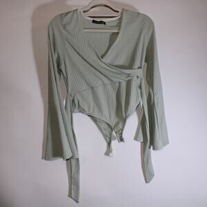 Boohoo Sage Ribbed Green Flared Sleeve Body Suit Size 10